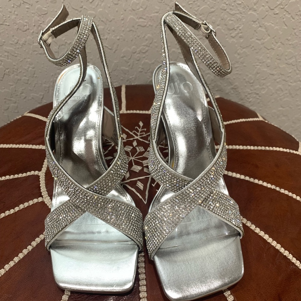 Jennifer Lopez Silver Sparkle Heels with Ankle Straps